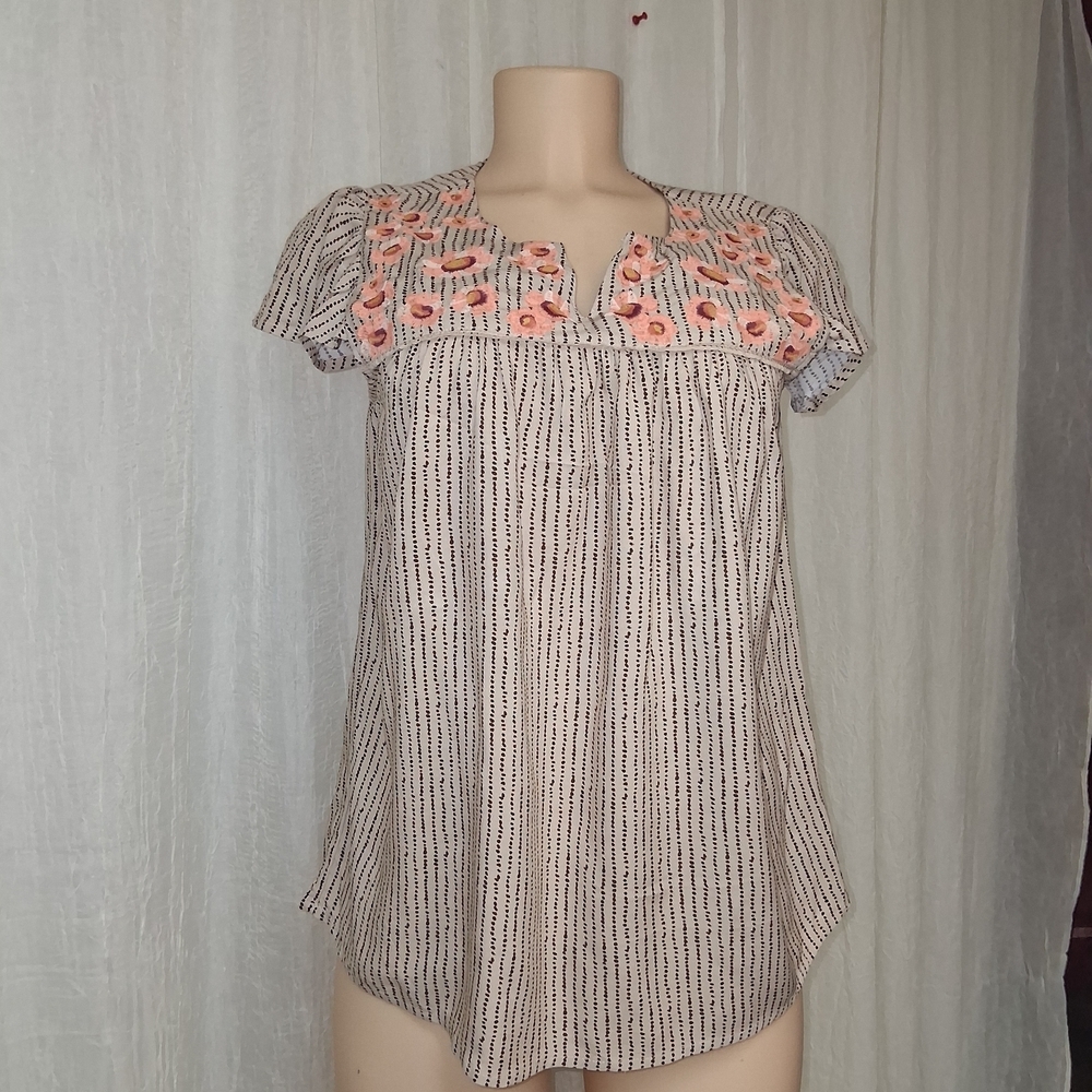 Tribal Women's Blouse Bohemian Chic with Pink Floral Embroidery Size M